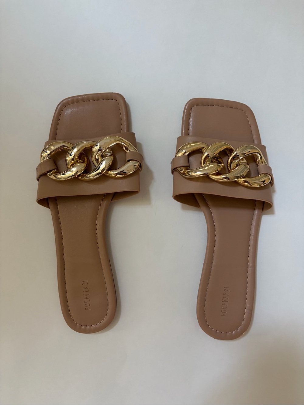 Forever 21 Tan Slide Sandals with Chunky Gold Chain